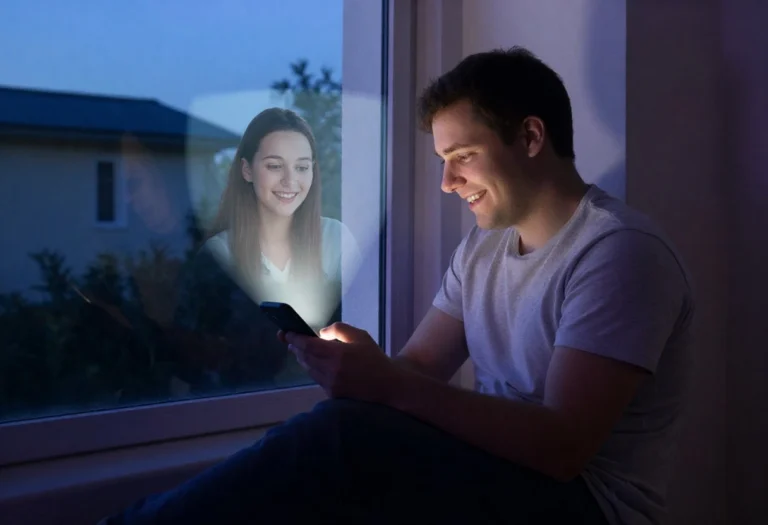 kıllı telefonunda sanal kız arkadaşıyla mesajlaşan ve gülümseyen adam, Fanchaty sanal ilişki konsepti.