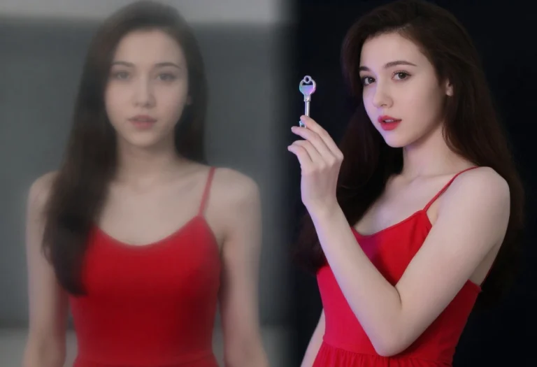 Bulanık ve net görüntüsüyle yapay zeka karakteri, Fanchaty fotoğraf kilidi açma özelliği.